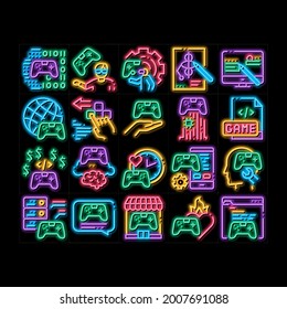 Video Game Development neon light sign vector. Glowing bright icon  Game Development, Coding And Design, Developing Phone App And Web Site Illustrations