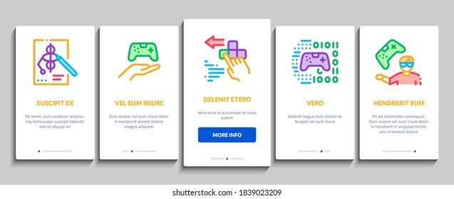 Video Game Development Onboarding Mobile App Page Screen Vector. Game Development, Coding And Design, Developing Phone App And Web Site Illustrations
