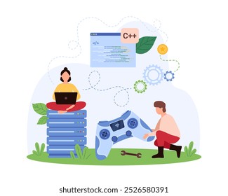 Video game development, online software gamification, coding. Tiny people develop design and code for PC and mobile game platform, designer using server and gamepad console cartoon vector illustration