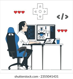 Video Game development. People programming software or coding video gaming script. Freelance occupation. Man working with computer. Programmers write play story. Developer job. Vector concept. 2380