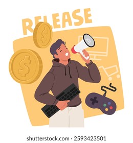 Video game development and product release, marketing promotion company to earn money vector illustration. Creator character advertising new gaming application, forecasting startup, presenting sale