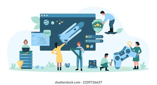 Videospielentwicklung und -produktion, Web-Gamification-Technologie, Vektorgrafik. Cartoon winzige Entwickler programmieren, Leute programmieren Online-Spiel und Design, entwickeln kreativen Code in Editor