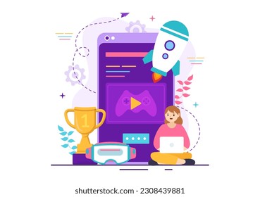 Video-Game-Entwicklung Vektorgrafik mit Spielen, digitaler Technologie, Programmierung und Coding in flachen Cartoon-Handgezeichnet Landing Page-Vorlagen