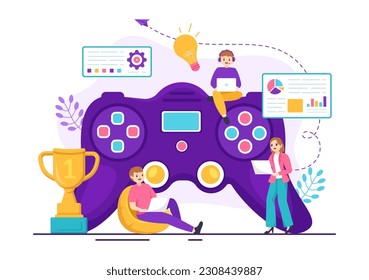 Ilustración de vectores de desarrollo de videojuegos con juegos, tecnología digital, programación y codificación en plantillas de páginas de aterrizaje de mano de dibujos planos