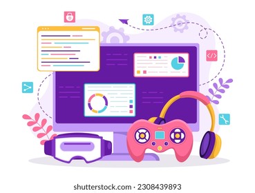 Video Game Development Vector Illustration with Games, Digital Technology, Programming and Coding in Flat Cartoon Hand Drawn Landing Page Templates