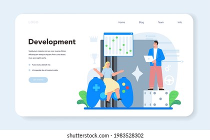Video game development web banner or landing page. Creative process of a computer game design. Digital technology of scripting and testing. Isolated flat vector illustration