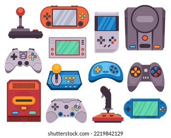 Video game devices. Old retro joystick gamepad flat icons, cartoon hipster classic gadget console for gamers and pc geeks. Vector isolated collection. Portable gaming technology for entertainment