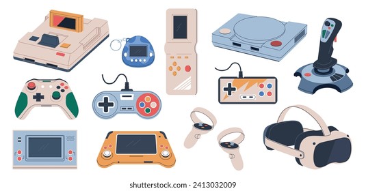 Video game devices. Remote controllers of game characters, retro and contemporary playing gadgets and consoles, gamers accessories, gamepads cartoon flat isolated nowaday vector set