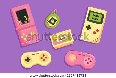 Video game devices set. Wireless controllers, joystick and gamepad. Back to 80s and 90s. Template, layout and mock up. Cartoon flat vector collection isolated on violet background