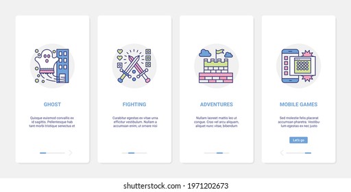 Video game different genres vector illustration. UI, UX onboarding mobile app page screen set with line sword fighting, rpg or quest adventure gaming, defend fortress or fight against ghosts symbols