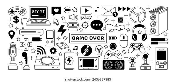 Video game. Doodle joystick icon. Retro videogame gadgets. Control gamepad. Console and laptop. Computer technology. Microphone and headset. Tetris arcade play. PC devices. Vector vintage tidy set