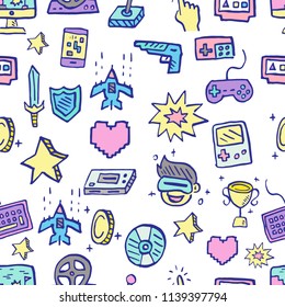 video game doodle seamless pattern, vector hand drawn style