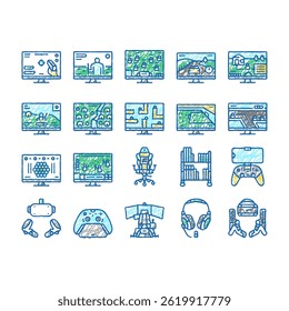 Video Game Electronic Device doodle icons set vector. Racing Simulator Simulation, Action Adventure, Sports Royal Battle Video Game. Computer Joystick Console  sketch hand drawn