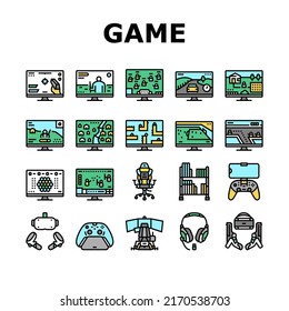 Video Game Electronic And Device Icons Set Vector. Racing Simulator And Simulation, Action And Adventure, Sports And Royal Battle Video Game. Computer And Joystick Console Color Illustrations