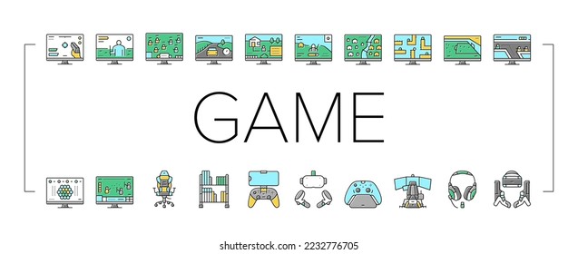 Video Game Electronic And Device Icons Set Vector. Racing Simulator And Simulation, Action And Adventure, Sports And Royal Battle Video Game. Computer And Joystick Console Color Illustrations