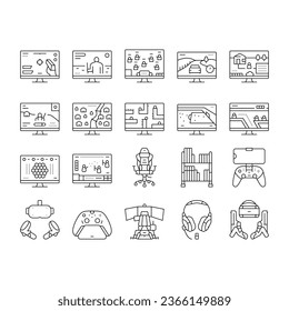 Video Game Electronic And Device Icons Set Vector. Racing Simulator And Simulation, Action And Adventure, Sports And Royal Battle Video Game. Computer And Joystick Console Black Contour Illustrations