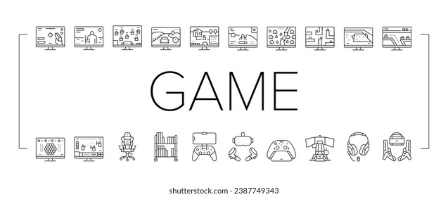 Video Game Electronic And Device Icons Set Vector. Racing Simulator And Simulation, Action And Adventure, Sports And Royal Battle Video Game. Computer And Joystick Console Black Contour Illustrations