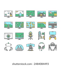 Video Juego Electrónica Y Los Iconos Del Dispositivo Establecen El Vector. Video Simulador Y Simulación De Carreras, Acción Y Aventura, Deportes Y Batalla Real Ilustraciones De Color De La Consola De Ordenador Y Joystick