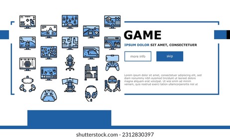 Vector de páginas web de lanzamiento electrónico y de dispositivos de videojuegos. Simulador De Carreras Y Simulación, Acción Y Aventura, Deportes Y Videojuego Real De Batalla. Ilustración De La Consola De Equipo Y Joystick