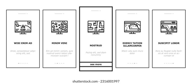 Video Game Electronic And Device onboarding mobile vector. Racing Simulator And Simulation, Action And Adventure, Sports And Royal Battle Video Game. Computer And Joystick Console Color Illustrations