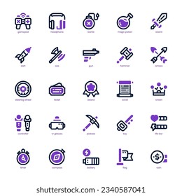 Video Game Element icon pack for your website, mobile, presentation, and logo design. Video Game Element icon mixed line and solid design. Vector graphics illustration and editable stroke.