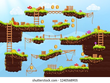 Video game. Elements and objects for computer game. Template for  construction game level. Background for arcade game. Vector illustration.