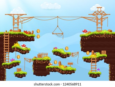 Video game. Elements and objects for computer game. Template for  construction game level. Background for arcade game. Vector illustration.