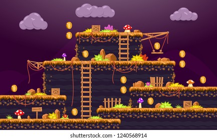 Video game. Elements and objects for computer game. Template for  construction game level. Background for arcade game. Vector illustration.