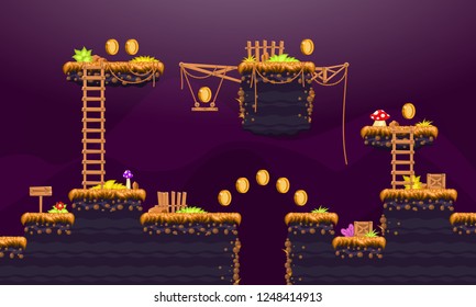 Video game. Elements and objects for computer game. Template for  construction game level. Background for arcade game. Vector illustration.