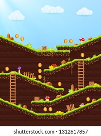 Video game. Elements and objects for computer game. Template for construction game level. Background for arcade game. Vector illustration.