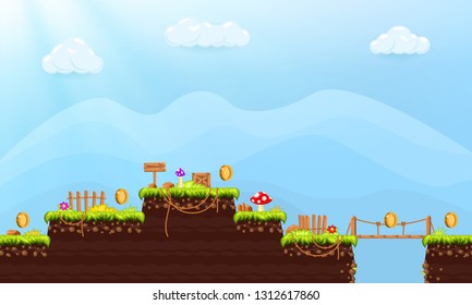 Video game. Elements and objects for computer game. Template for construction game level. Background for arcade game. Vector illustration.