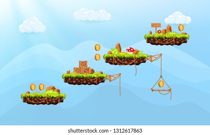 Video game. Elements and objects for computer game. Template for construction game level. Background for arcade game. Vector illustration.