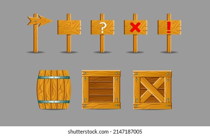 Videojuego. Elementos y objetos para un juego de ordenador. Videojuego. Elementos y objetos para un juego de ordenador. Bandas de madera, cajas, barril, puntero.