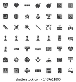 Video game elements vector icons set, modern solid symbol collection, filled style pictogram pack. Signs, logo illustration. Set includes icons as game console controller, computer keyboard and mouse