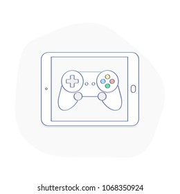 Video Game, Entertainment console Joystick, GamePad Controller with control button on tablet display, Playing video games, leisure and fun. Flat outline vector illustration design. 