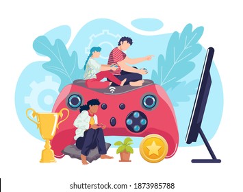 Video game entertainment with joystick, vector illustration. Boy girl child gamer at flat home play with console, controller. Fun leisure for player, people kid sitting near tv design.