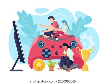 Video game entertainment with joystick, vector illustration. Boy girl child gamer at flat home play with console, controller.