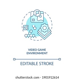 Video game environment concept icon. Video game design components. Create hero past story. Create your action idea thin line illustration. Vector isolated outline RGB color drawing. Editable stroke