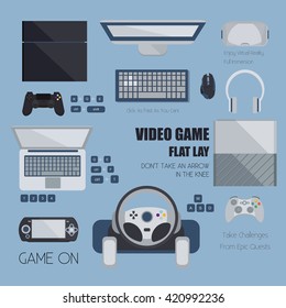 Video game flat design. Various gaming items in flat lay. Vector set of modern technology elements