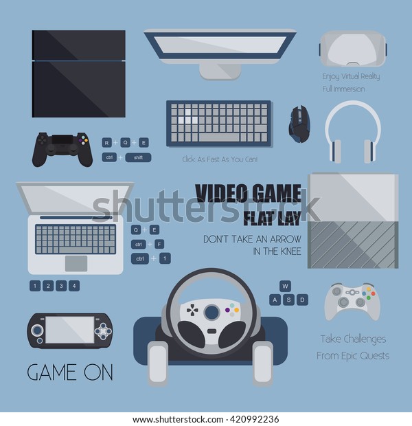 Video Game Flat Design Various Gaming Items In Flat Lay Vector Set Of Video Game Flat Design Various 600w 420992236