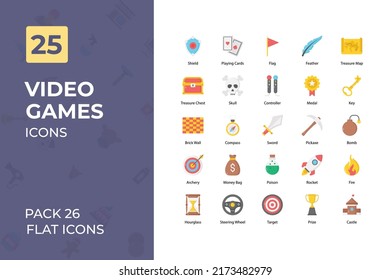 Video game Flat Icons Collection. Set contains such Icons as flag, online game, compass, target, and more.