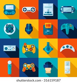 Video game flat long shadow icons set isolated vector illustration