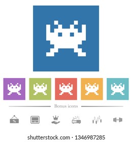 Video game flat white icons in square backgrounds. 6 bonus icons included.