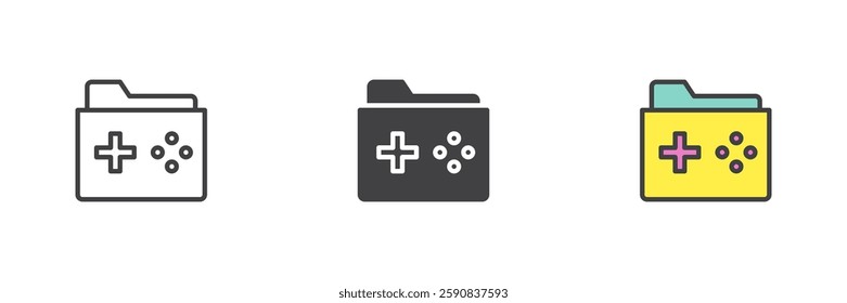 Video game folder different style icon set. Line, glyph and filled outline colorful version, outline and filled vector sign. Symbol, logo illustration. Vector graphics