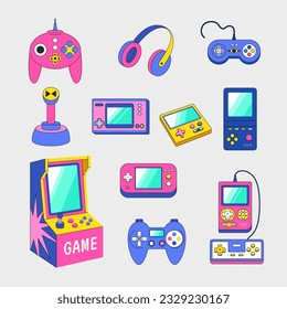 gadgets de videojuegos. Consolas Gamepad para activos vintage nerd en estilo retro imágenes vectoriales recientes aisladas