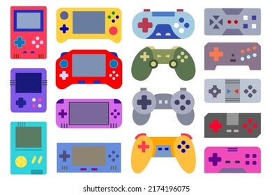 Video game gadgets set. Collection of colorful portable handheld video game consoles and wireless game controllers. Red, yellow, blue, purple flat vector illustrations, isolated on white background,