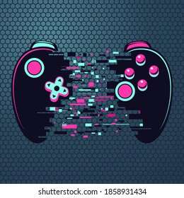 Video game gamepad with glitch effect. Cyberpunk style illustration. Virtual reality concept. Cyber sport online tournament. Vector illustration.