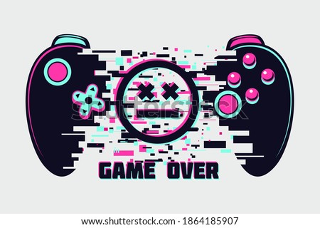 Video game gamepad with glitch effect. Cyberpunk style illustration. Virtual reality concept. Cyber sport online tournament. Vector illustration.