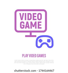 Videojuego: gamepad y TV. Icono de línea delgada. Juegos. Ilustración vectorial.