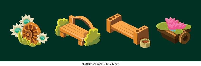 Video Game Garden Decoration Collection Of Elements Vector Set